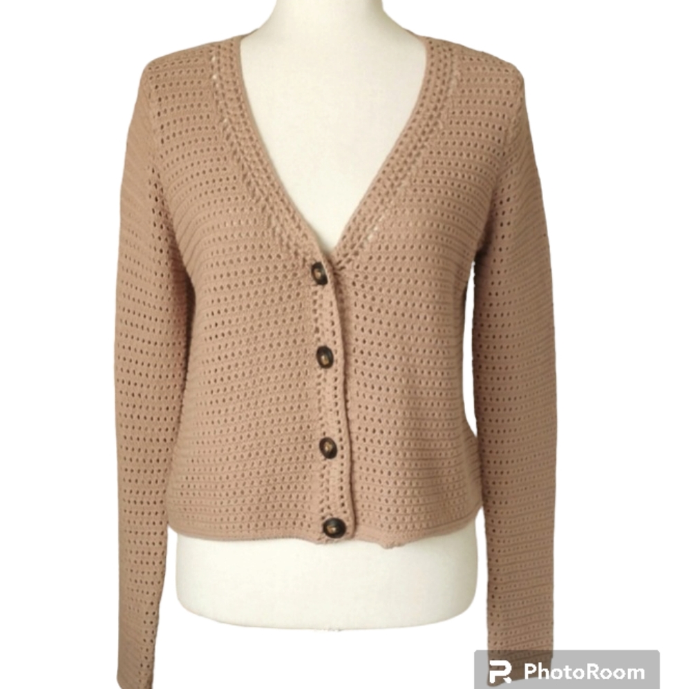 Joie v-neck cardigan sweater open large weave knit crochet cropped tan size XS - Picture 1 of 7